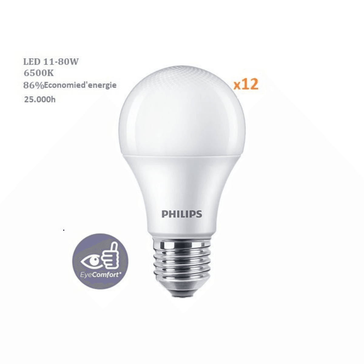 Lot de 12 ampoules Philips LEDBulb 11W douile E27 blanc froid 6500k - Image 1 of 1