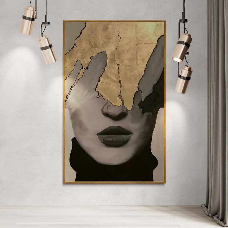 Tableau Visage Monochrome Et Feuilles D’or - Image 1 of 2