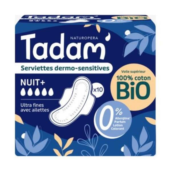 10 Serviettes Dermo Sensitives Nuit Coton Bio Ultra Fine avec Ailette - Image 1 of 1
