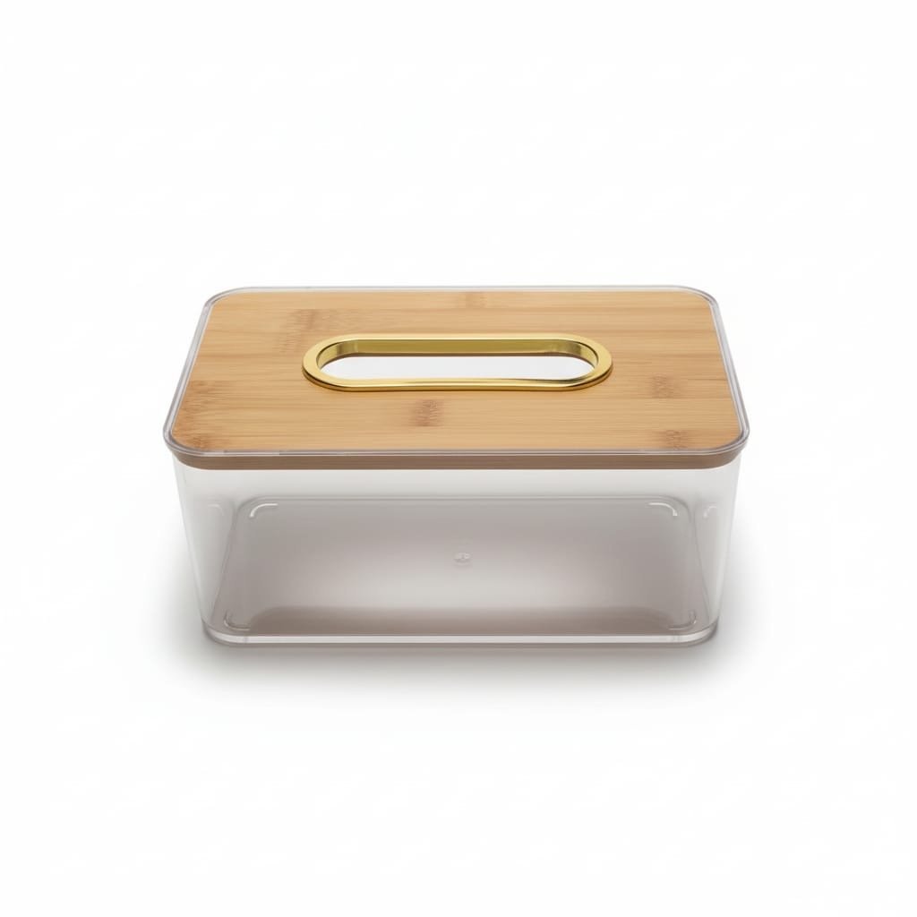 Boîte À Mouchoirs En Plexiglas Avec Couvercle En Bambou Et Ouverture Dorée - Image 1 of 2