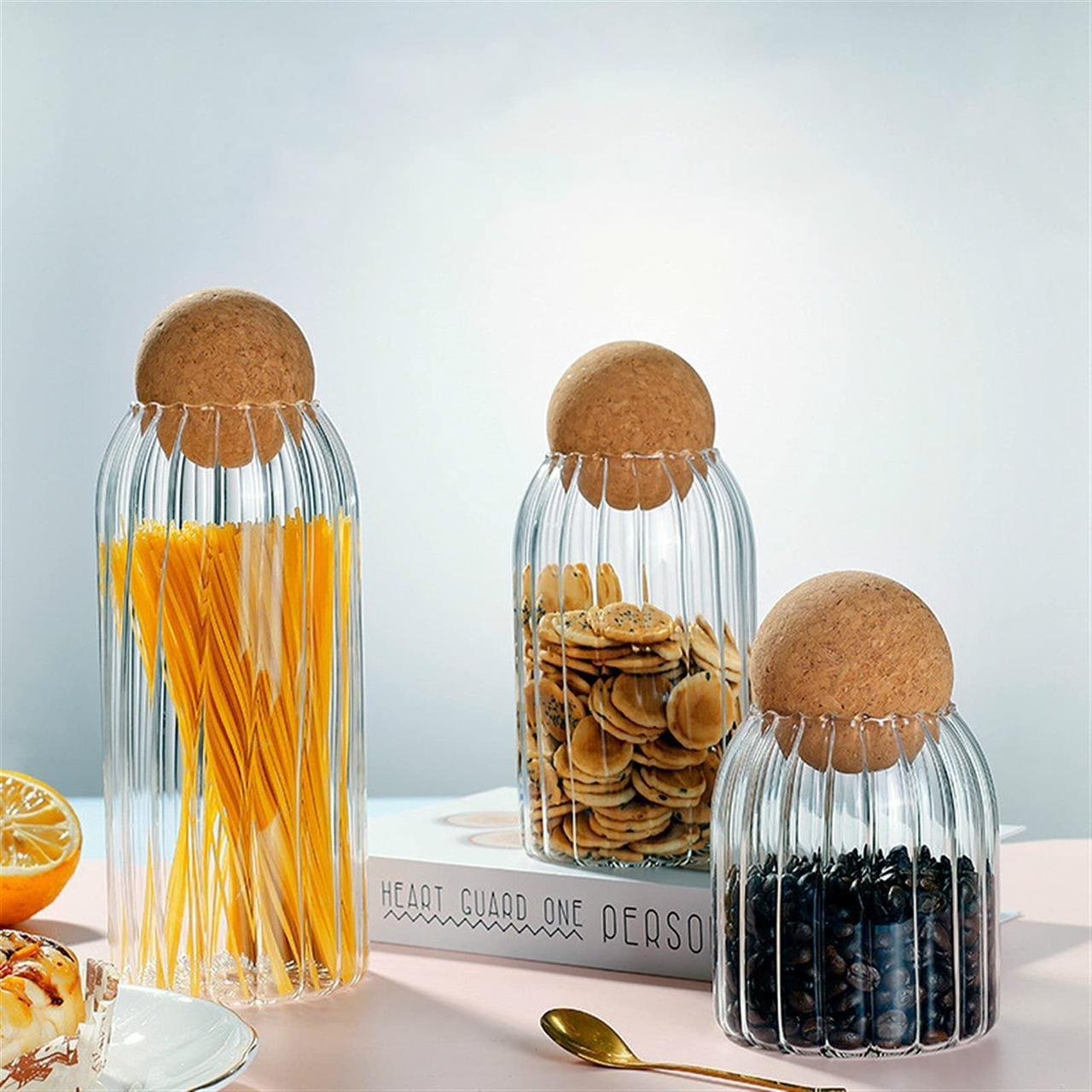 Set 3 Bocaux Bouteille en Verre avec Couvercle Bambou 900ml ,500ml et 300ml Stockage de Pots de Thé, Bocaux en Verre de Stockage de Grains de Café avec Couvercle Pots de Bouteille de Stockage de cuisine Épices Café Conteneur de Thé Organisateur de Condiments - Image 1 of 3