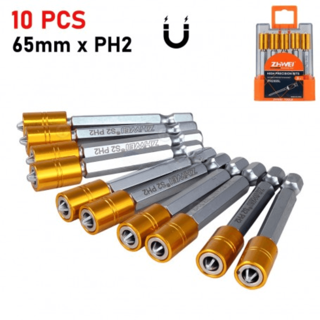 Set de 10 embouts PH2 x 65 mm en acier S2 avec butée stop - Image 1 of 3