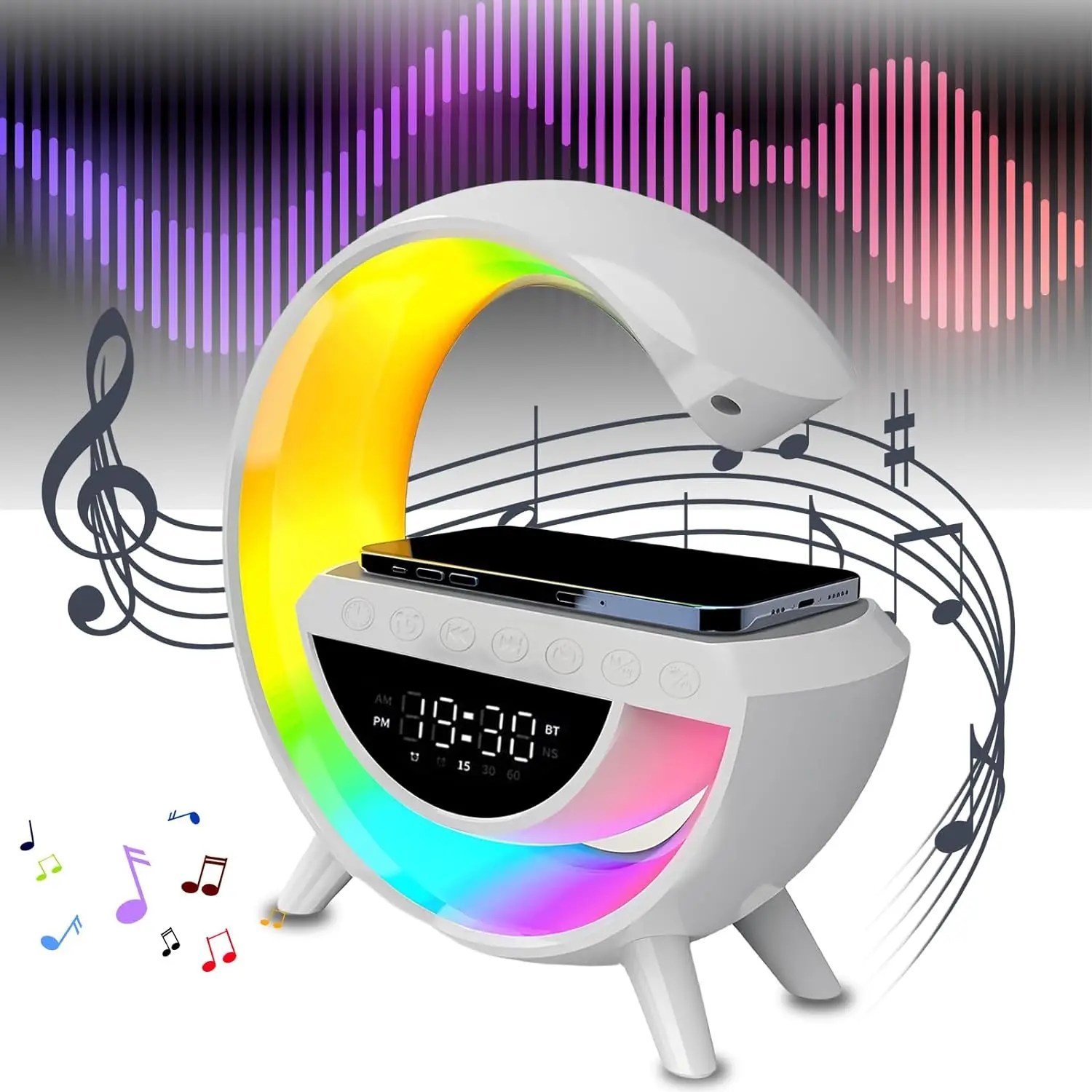 Veilleuse RVB Multifonctionnelle avec Haut-Parleur Bluetooth et Charge sans Fil - Image 1 of 4