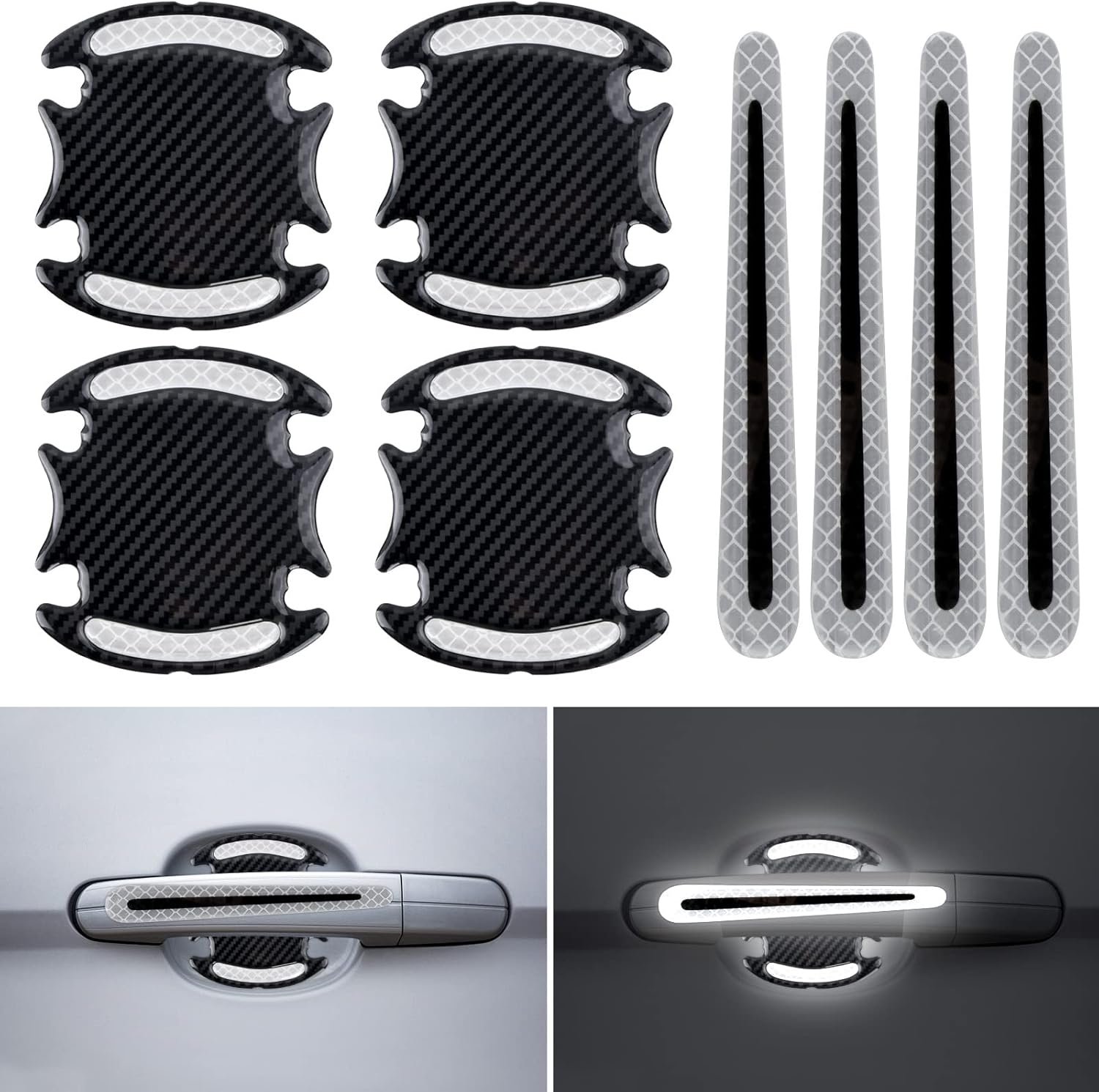 Protection anti-rayures et sécurité extérieure : lot de 8 autocollants réfléchissants universels 3D en fibre de carbone pour portes de voiture - Image 1 of 4