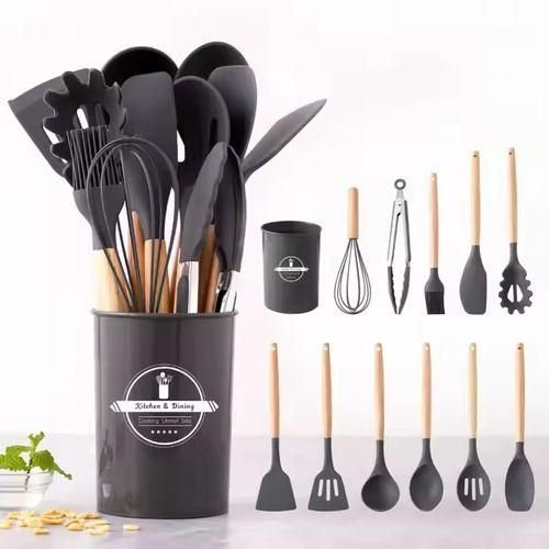 Set Premium 12 Ustensiles en Silicone avec Poignées en Bois - Image 1 of 1
