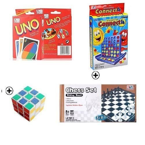 Pack 4 jeux de famille : Cartes Uno, puissance 4, Echecs et cube magique - Image 1 of 1