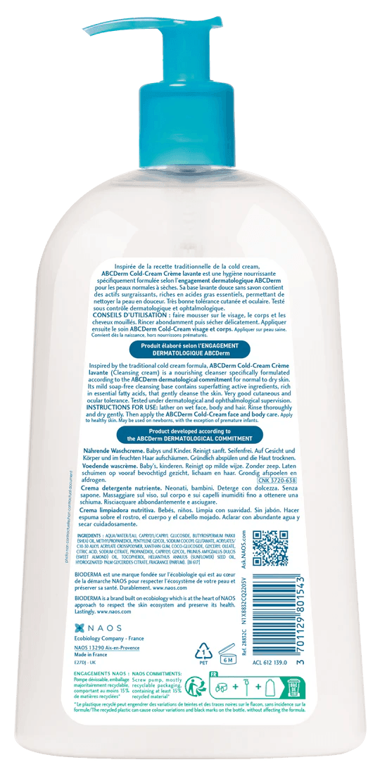 Bioderma Abcderm Cold-cream Crème Lavante 1l - Nettoyant Surgras Bébés Format Familial - Image 1 of 1