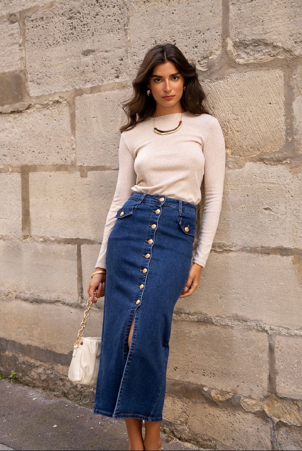 Jupe longue en jean avec boutons - Image 1 of 3