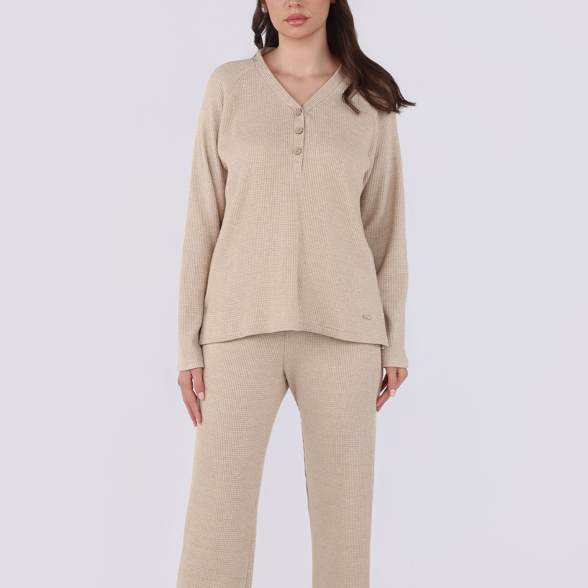 Ensemble Pyjama à Col V et Boutons | Collection Waffle - Image 1 of 4