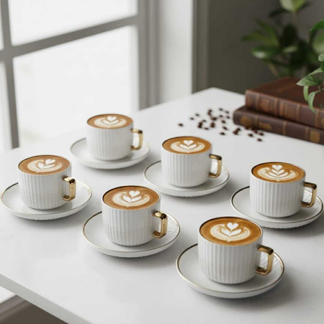 Set de 6 tasses à thé en porcelaine 200ml avec avec 6 assiettes sous tasse dore – Élégance et raffinement intemporel - Image 1 of 4