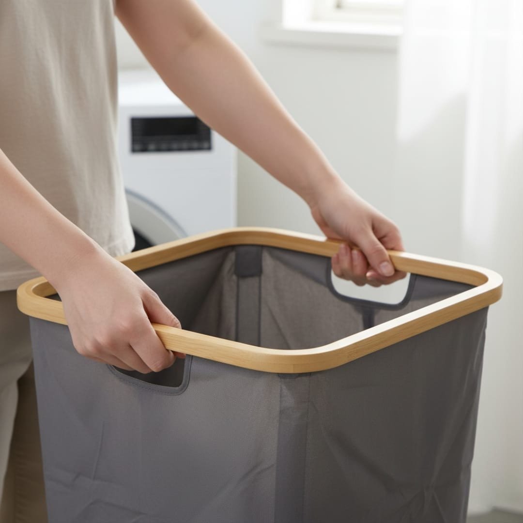 Panier de Rangement Pliable pour Linge avec Cadre en Bambou et Poignées 45cm/29cm - Gris - Image 1 of 4