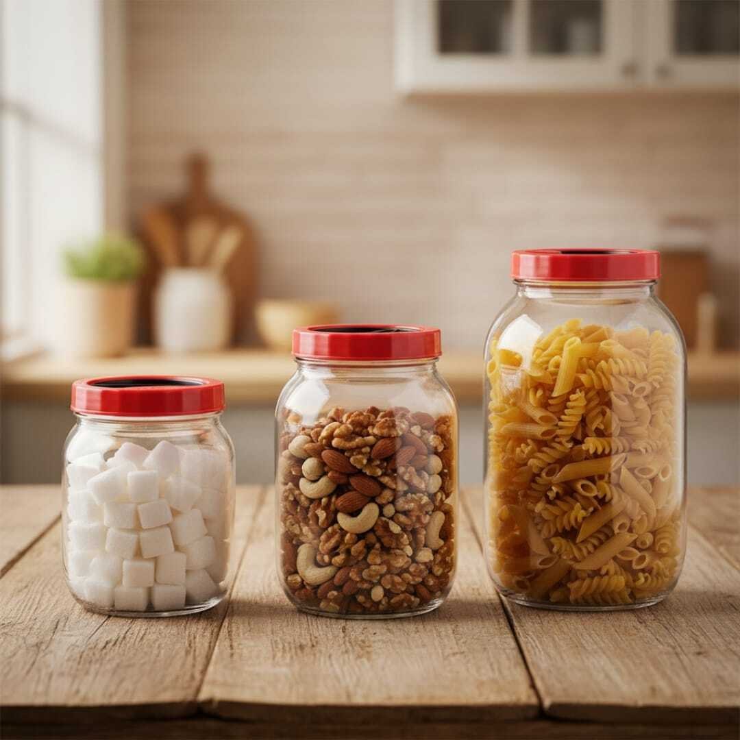Set 3 Bocaux de Conservation en Verre 3L/2L/1.5/ avec Couvercle Rouge – Stockage Alimentaire Hermétique - Image 1 of 4