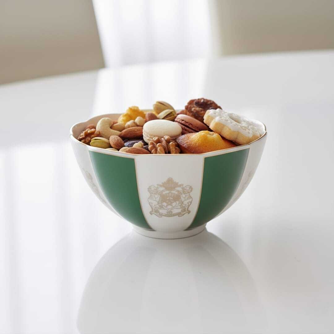 Bol En Porcelaine Fine Vert Et Blanc Avec Motif Doré – Élégant Et Raffiné 13cm/20cm - Image 1 of 3
