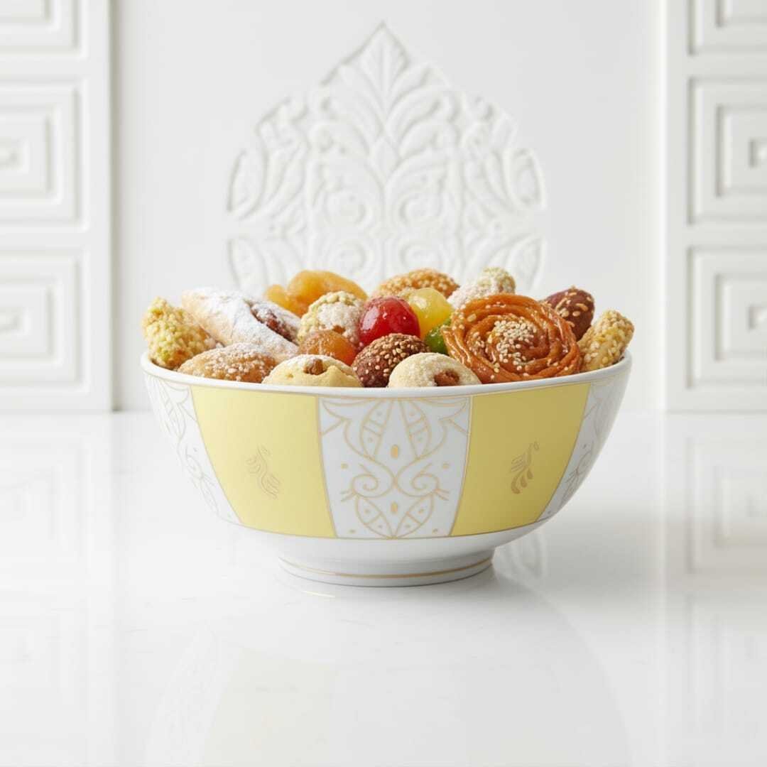 Bol En Porcelaine Fine Jaune Et Blanc Avec Motif Doré –13cm/23cm - Image 1 of 4