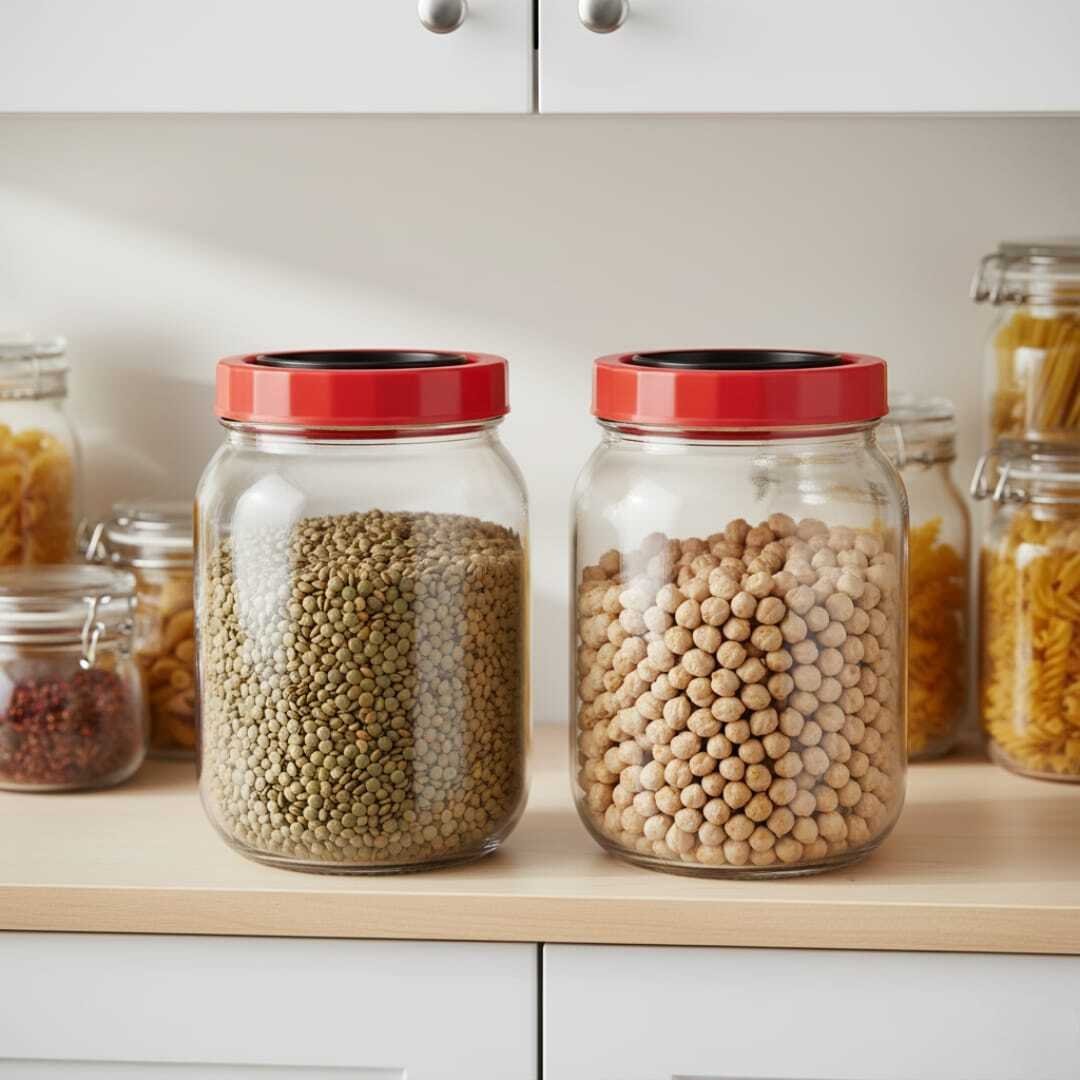 SET 2 Bocaux de Conservation en Verre 2L avec Couvercle Rouge – Stockage Alimentaire Hermétique - Image 1 of 4