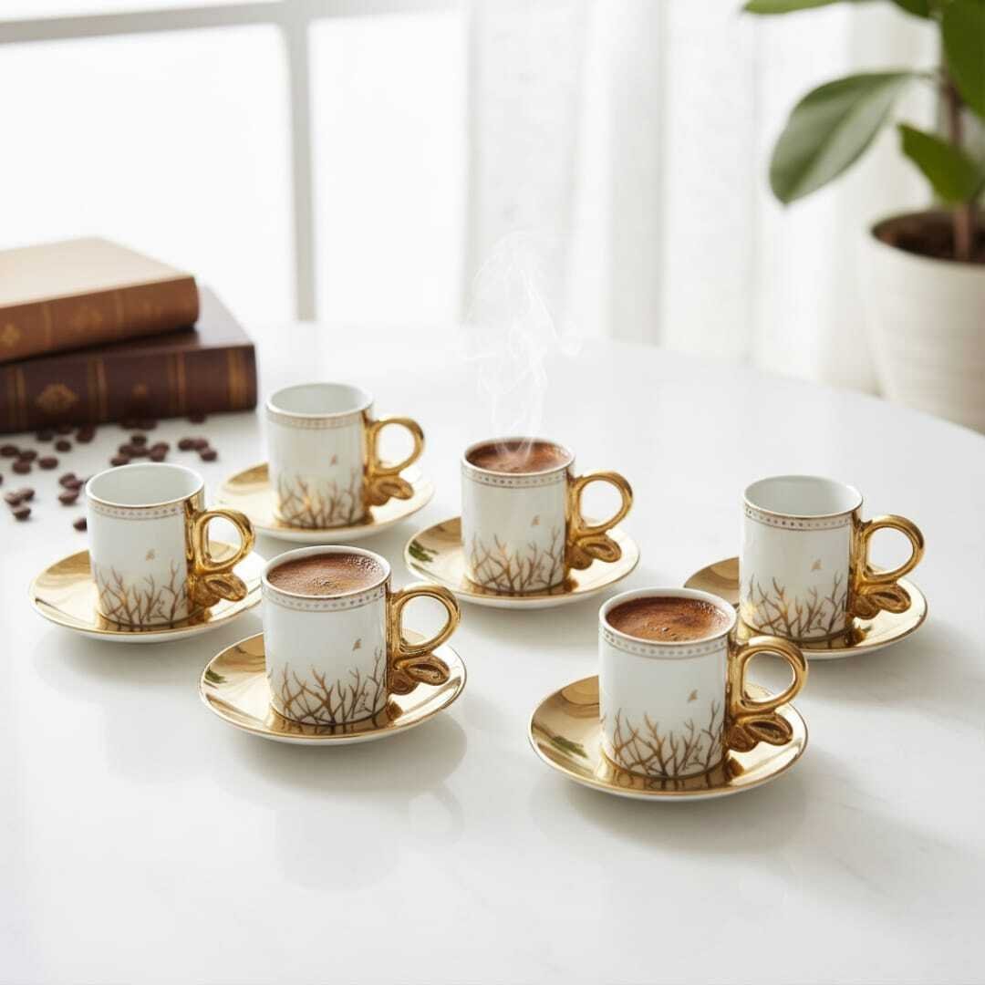 Set de 6 tasses à thé en porcelaine 100 ml avec soucoupes dorées – Élégance et raffinement intemporel - Image 1 of 4