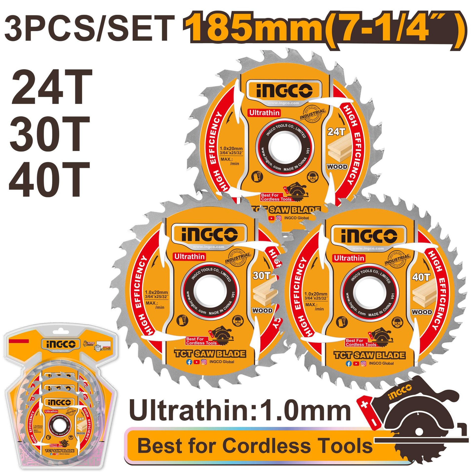 Jeu De 3 Lame Scie Circulaire 185mm 24t-30t-40t Ingco - Image 1 of 1
