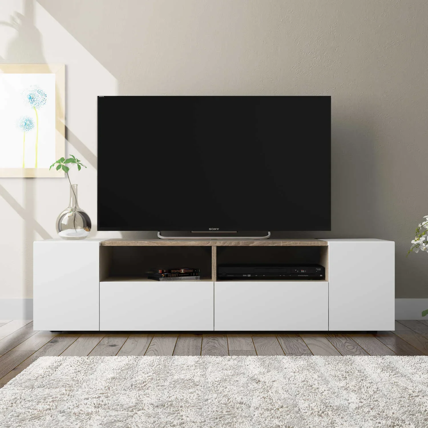 TAMIKO Meuble TV avec 4 portes (Blanc et chêne) 138 cm - Image 1 of 4