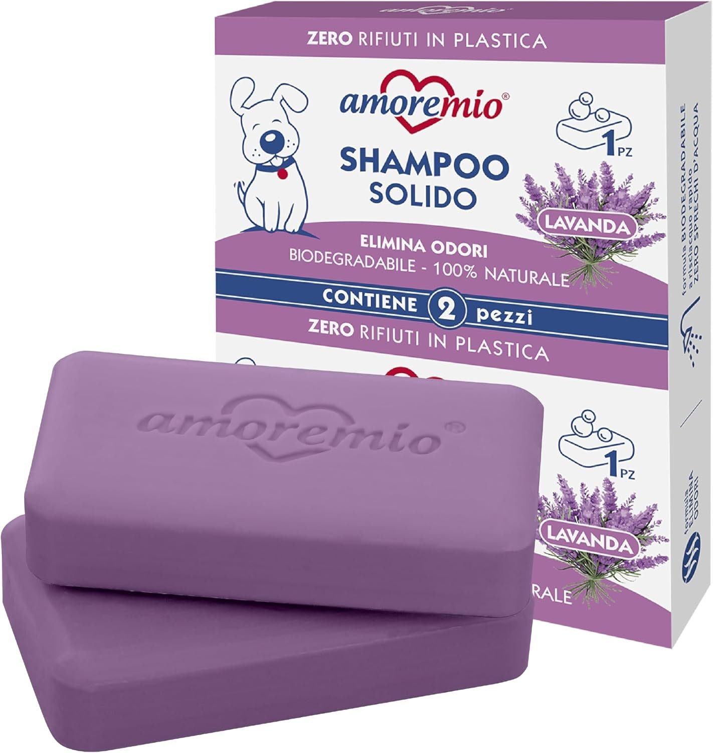 Amore Mio | 2 Shampoings Solides pour Chiens Adultes et Chiots, Extra Doux, Sans Parabènes ni Sulfates, Biodégradables et 100 % Naturels, Parfum Lavande, Formule Élimine-Odeurs - Image 1 of 1