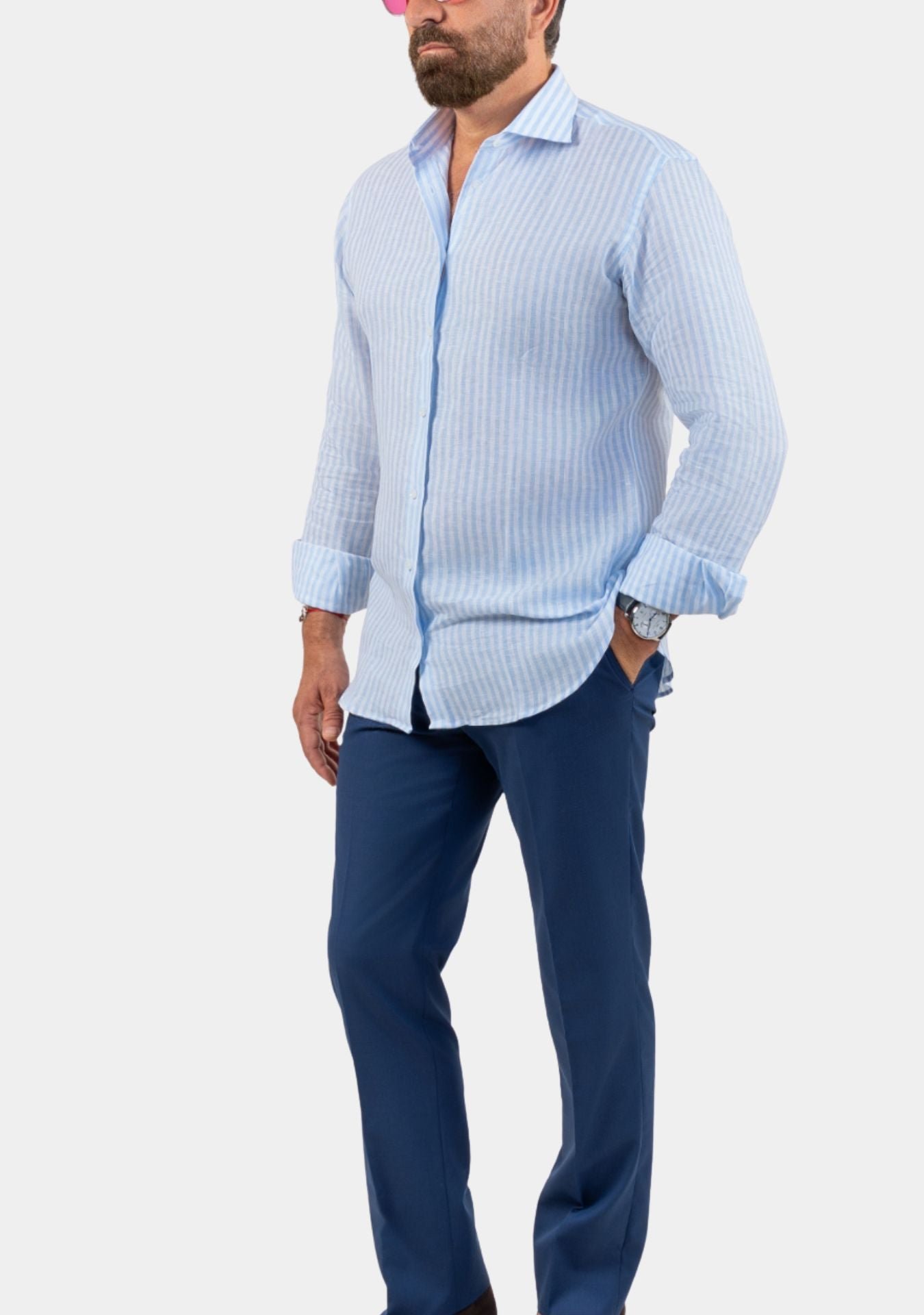 Napoli Sky-blue Linen Striped Shirt - Image 1 of 3