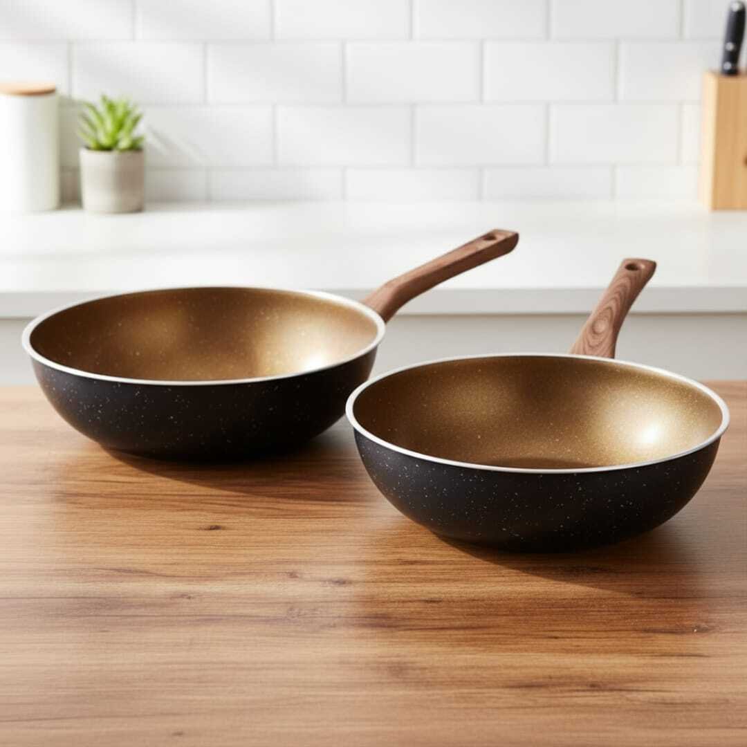 Duo 2 Poêles Wok 2 En 1 -induction Anti Adhésif Granit Haute Qualité Avec Poignée En Bois - Image 1 of 3