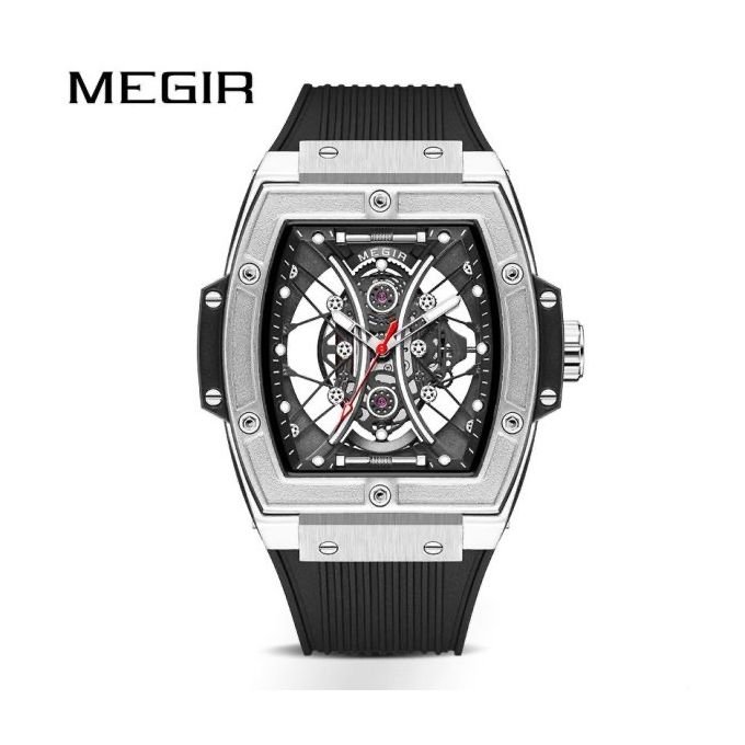 Montre pour Homme Cadran Gris Tonneau Bracelet en Silicone Noir avec Boite Free - Image 1 of 4