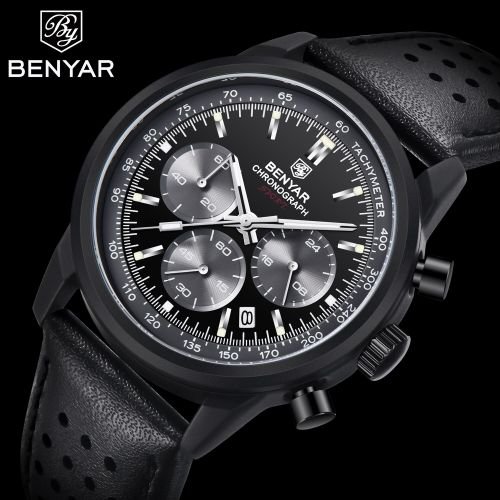 Montre Chronographe pour Homme avec Bracelet en Cuir Noir - Image 1 of 1