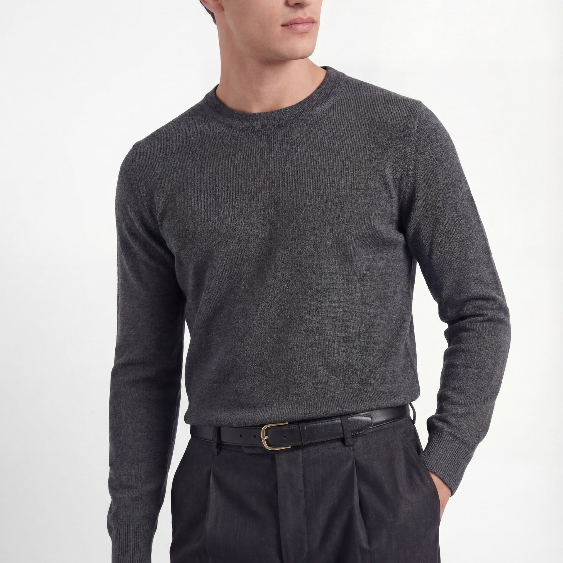Crew Neck Knit – Charcoal Grey – Wool & Silk Blend - Image 1 of 4