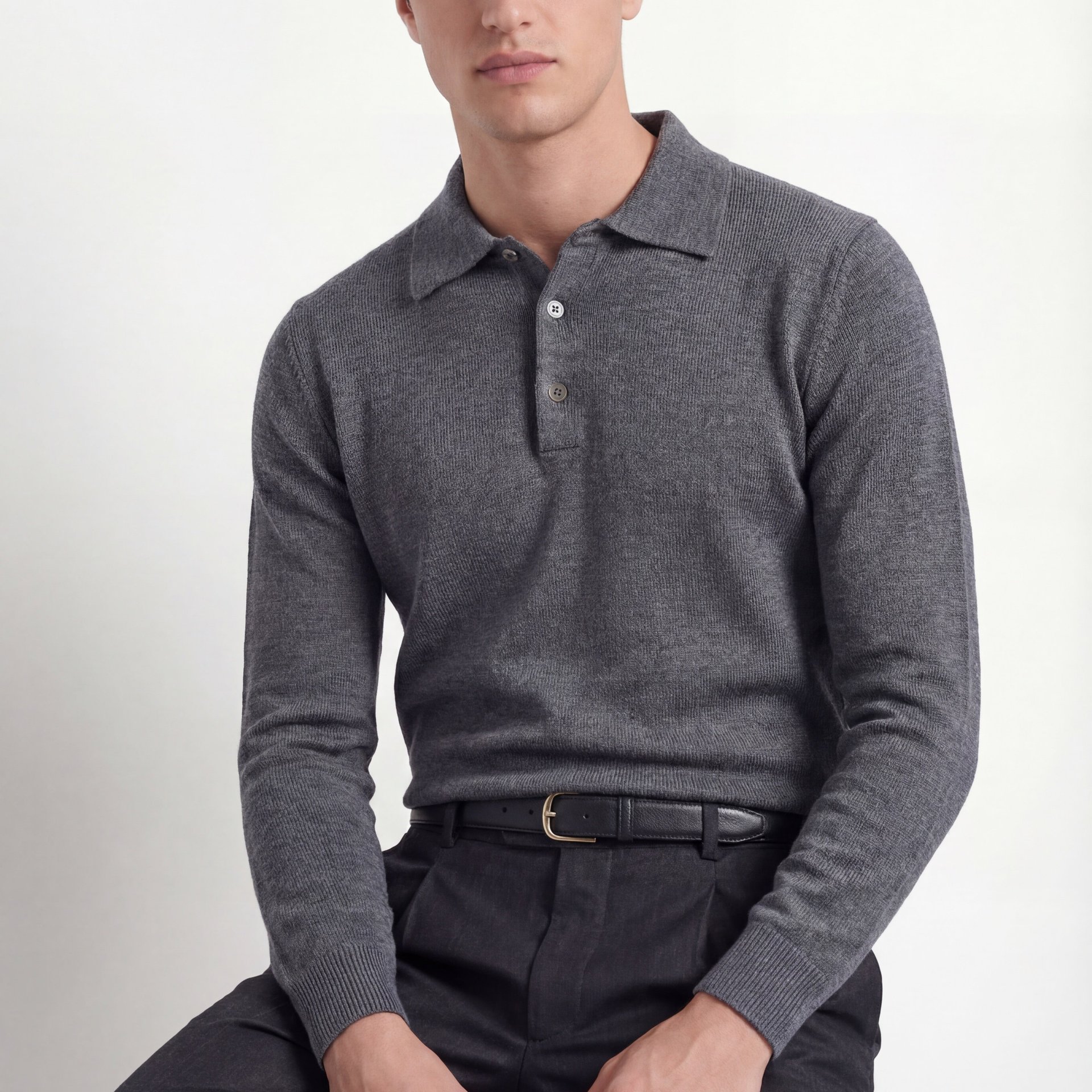 Merino Knit Polo – Mid Grey – 100% Superfine Virgin Wool - Image 1 of 4