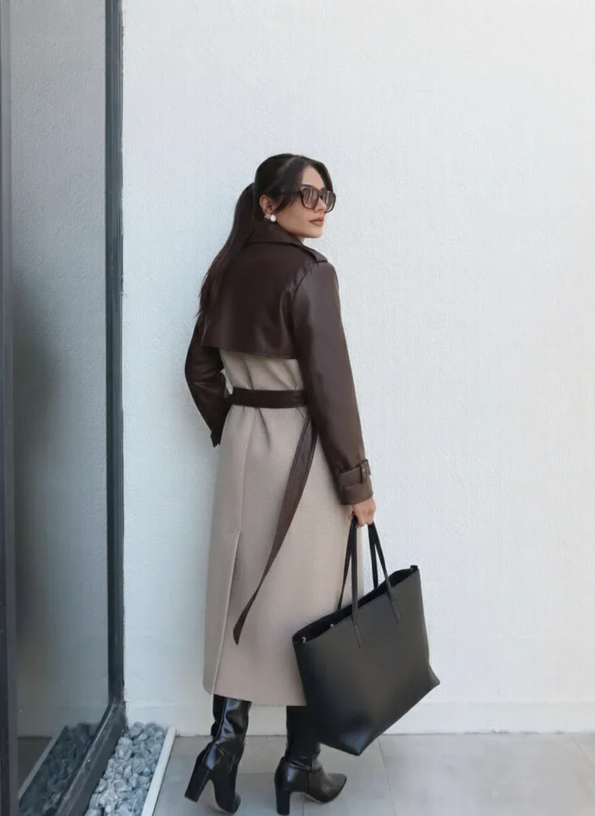 Manteau Long À Chevrons / Détails En Cuir  - Image 1 of 3