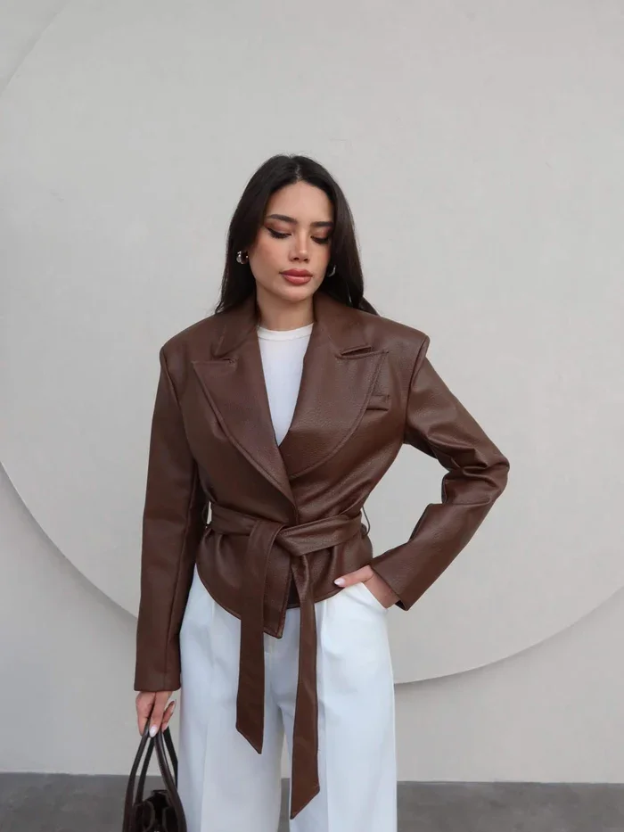 Jacket Ceinturé En Similicuir - Marron - Image 1 of 4