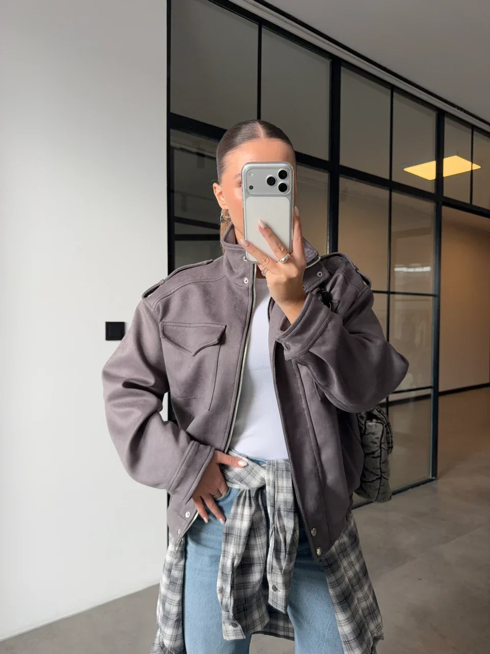Blouson Bomber En Daim À Col Montant - Image 1 of 4