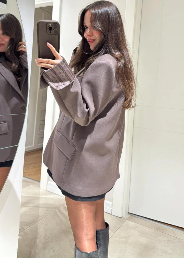 Blazer Oversize À Doublure Rayée - Taupe - Image 1 of 4