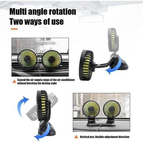 Ventilateur De Voiture Double Tête 360° – Usb 12v/24v, Silencieux Et Réglable - Image 1 of 4