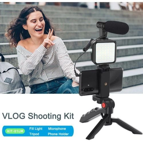 Support De Téléphone Portable Pour Vlogging, Kit Avec Microphone, Lumière Led, Trépied Et Télécommande - Image 1 of 4