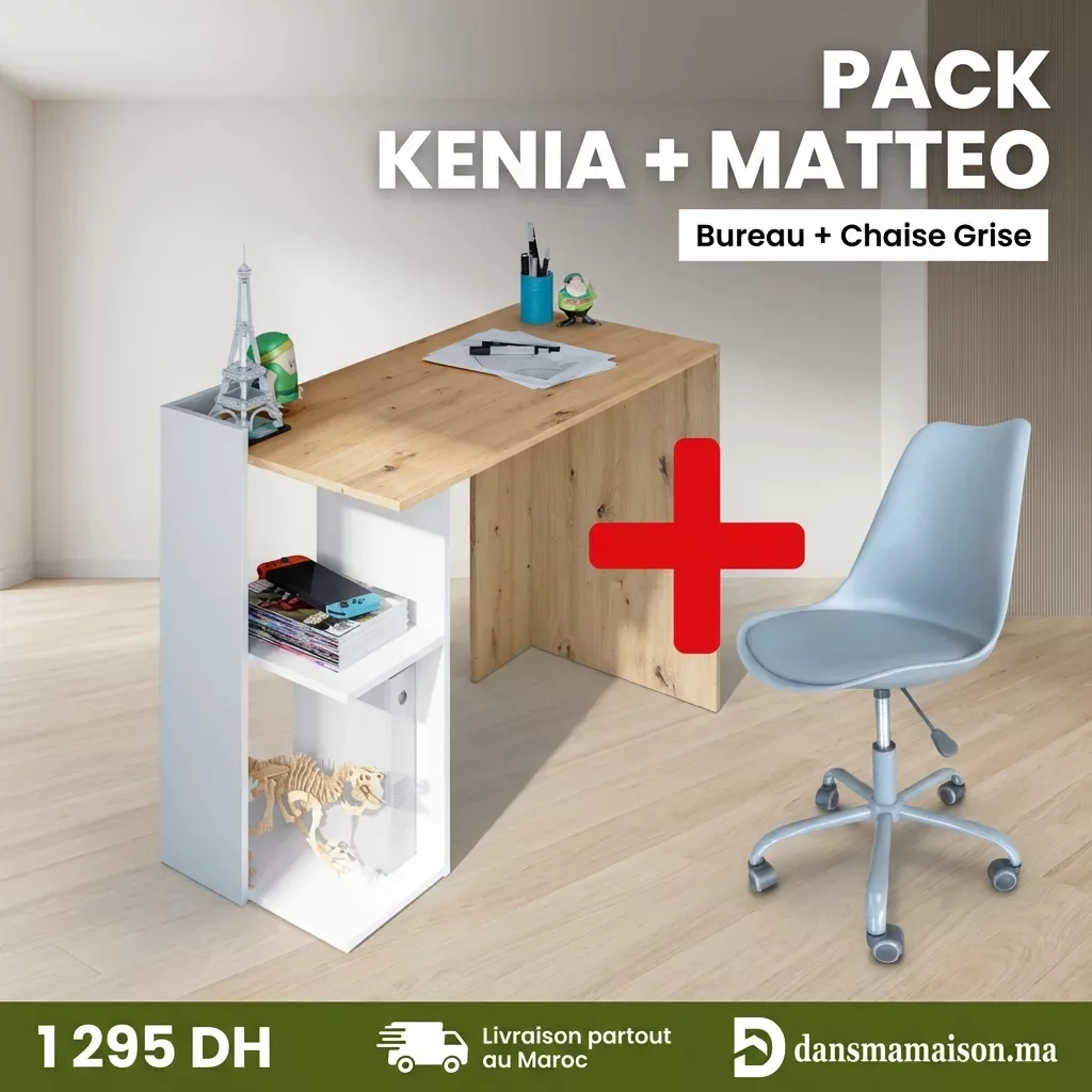 Pack Bureau Kenia Réversible + Chaise Matteo Gris - Image 1 of 2
