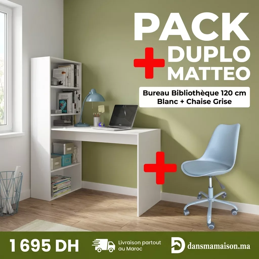 Pack Bureau Duplo Blanc + Chaise Matteo Gris - Image 1 of 1