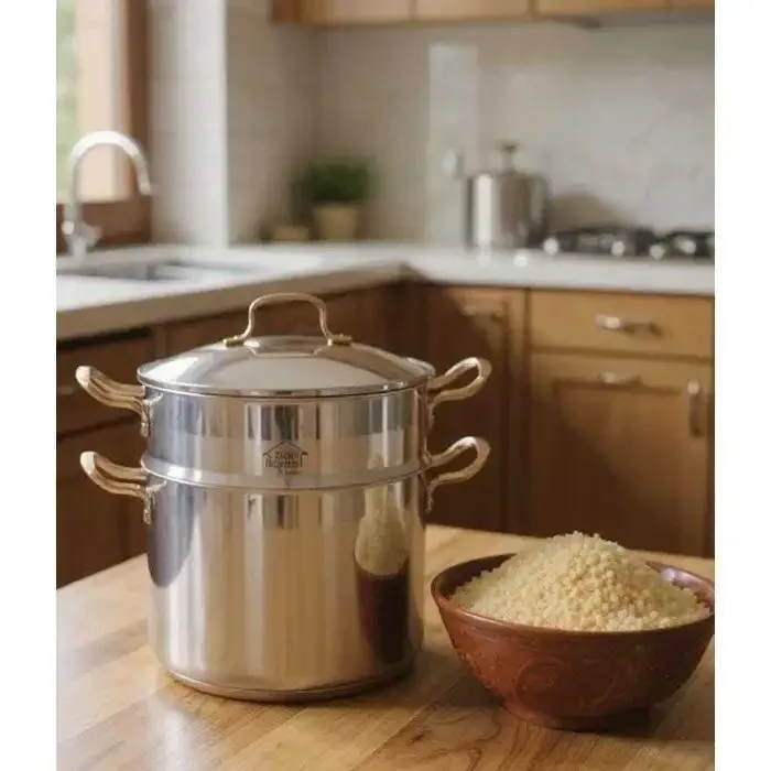 Couscoussier - Inox - 8Litres - Couvercle en Verre - Anses Bronze  - Image 1 of 2