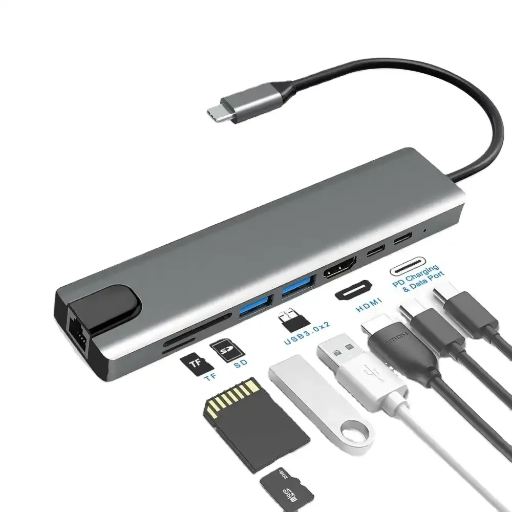 Adaptateur Usb Type-c 8-en-1 Vers Hdtv/hdmi Pour Pc Et Macbook – Multi -ports Usb-a, Rj45, Sd/tf, Charge Pd - Image 1 of 2