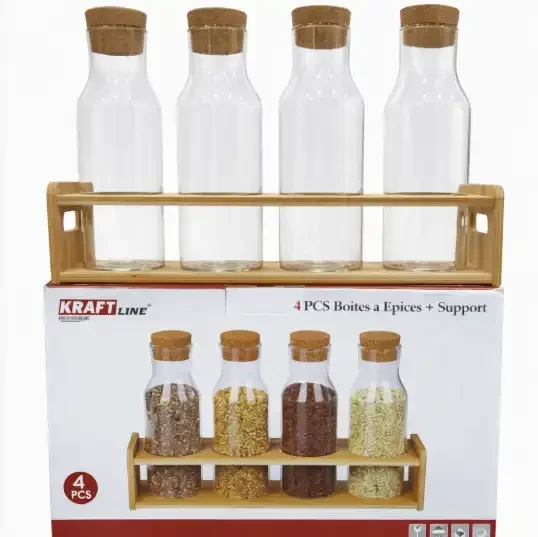 Set De 4 Bouteilles En Verre Avec Support En Bambou - Image 1 of 1