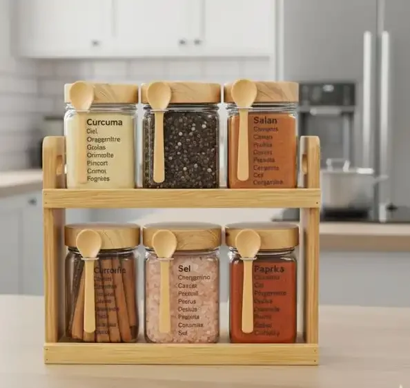 Ensemble De 6 Bocaux À Épices En Verre Avec Support En Bambou Et Mini-cuillères - Image 1 of 2