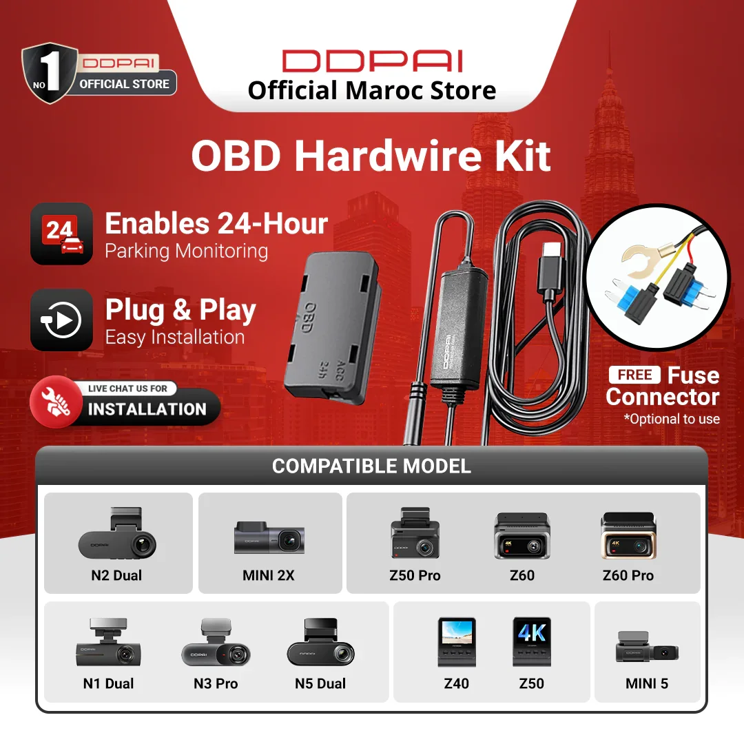 Ddpai Dashcam Hardwire Kit Obd – Alimentation Continue & Surveillance Parking 24/7 - Image 1 of 4