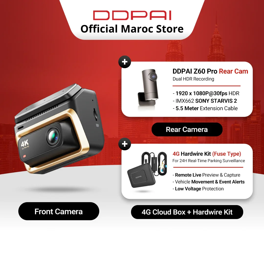 Ddpai Z60 Pro 4g Cloud Set – Dashcam Avant & Arrière + Module 4g + Hardwire Kit - Image 1 of 4