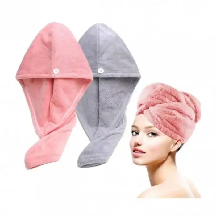 2 Serviettes Microfibre De Bain Pour Cheveux Fermeture À Boutons Rose Gris - Image 1 of 1
