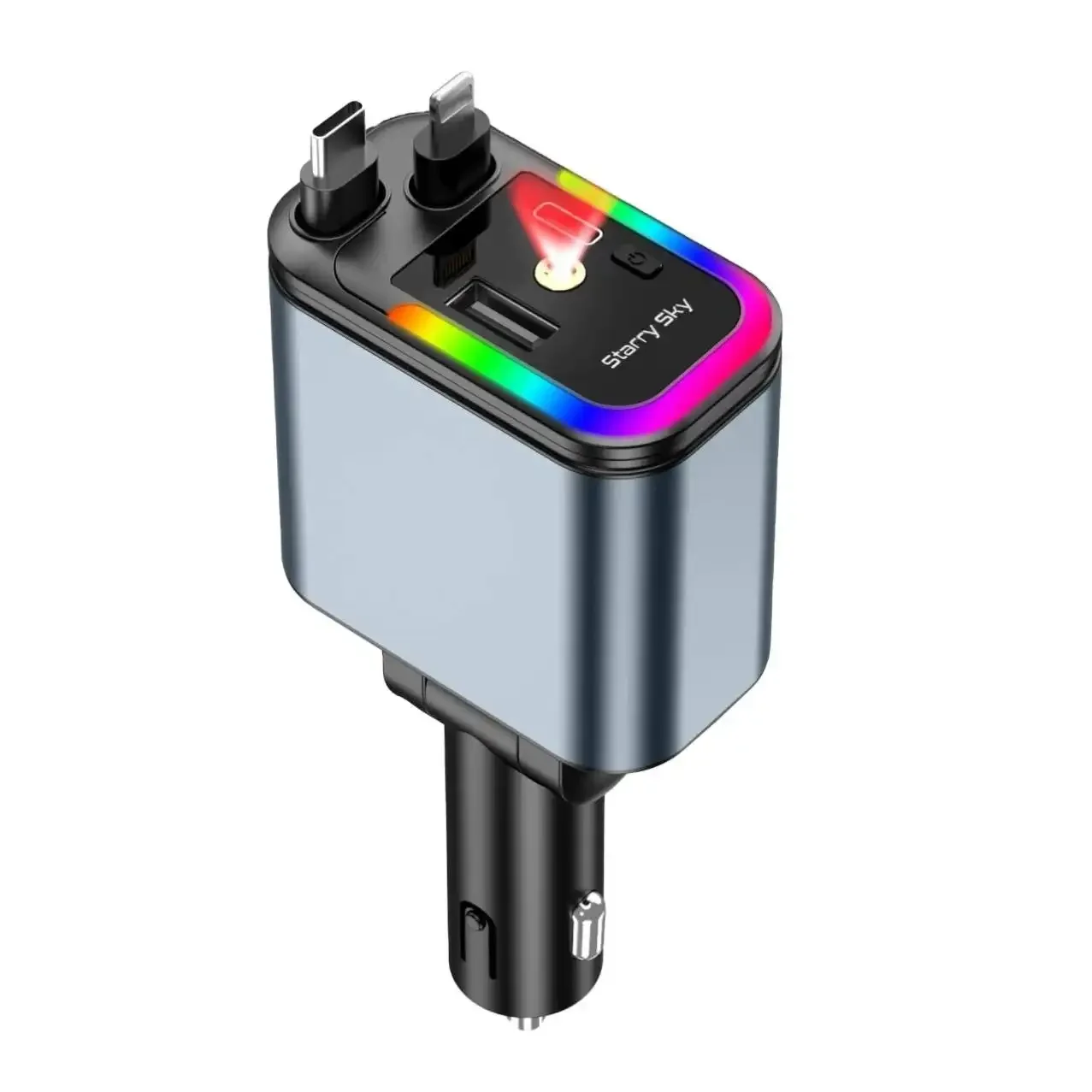 Chargeur Voiture 4 En 1 À Câbles Rétractables Usb-c Charge Rapide Led Étoilée - Image 1 of 4