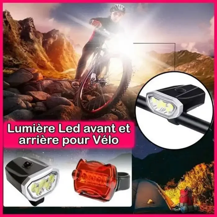 Lampe Led Pour Vélo - Non Spécifié - Phare Avant Et Feu Arrière - Fixation Universelle - Autonomie 150 Heures - Image 1 of 3