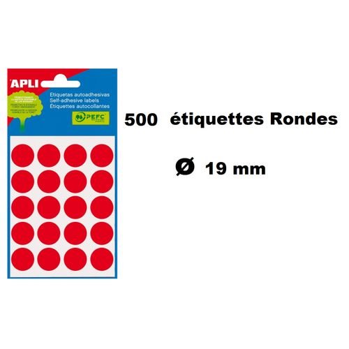 500 Étiquettes Rondes Adhésif, Diamètre 19 Mm, Rouge - Image 1 of 1