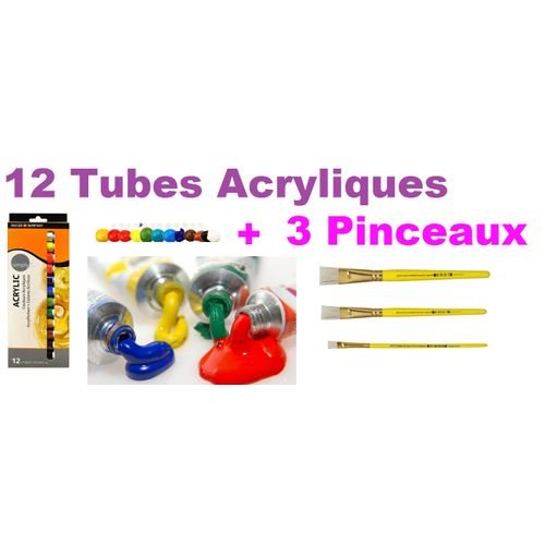 Kit Boite 12 Tubes Peinture Acryliques Et 3 Pinceaux - Image 1 of 1
