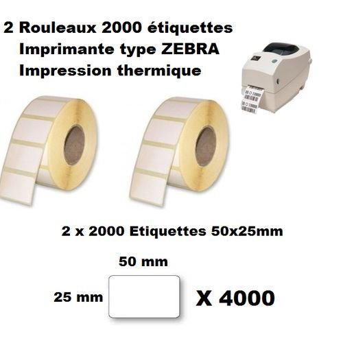 2 Rouleaux 2 X 2000 Étiquette Thermique Imprimantes Zebra - Vélin 50 Mm X 25 Mm - Image 1 of 1