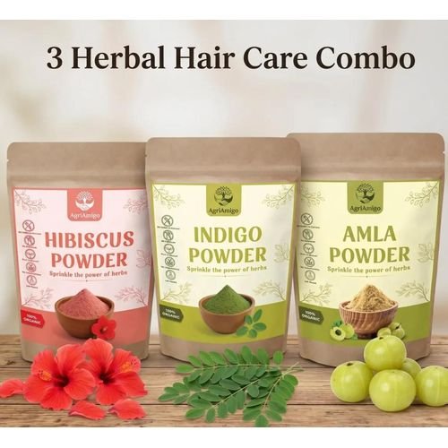 3 Poudres Capillaires À Base De Plantes : Hibiscus, Indigo, Amla Kit De Soins Capillaires Ayurvédiques Naturels - Image 1 of 3